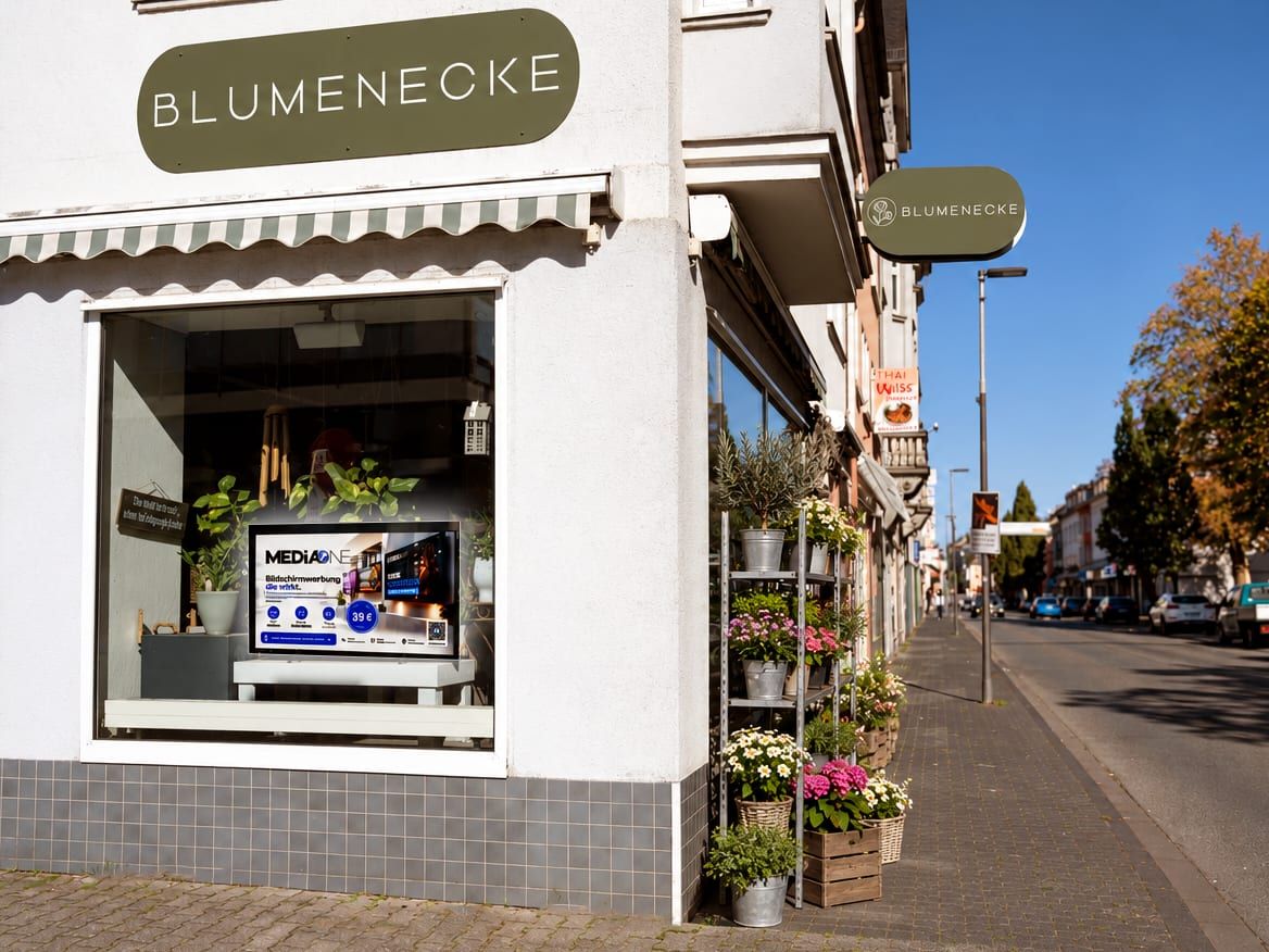 Blumenecke an der Straßenecke mit MediaOne-Bildschirmwerbung im Schaufenster und Blumenregalen davor