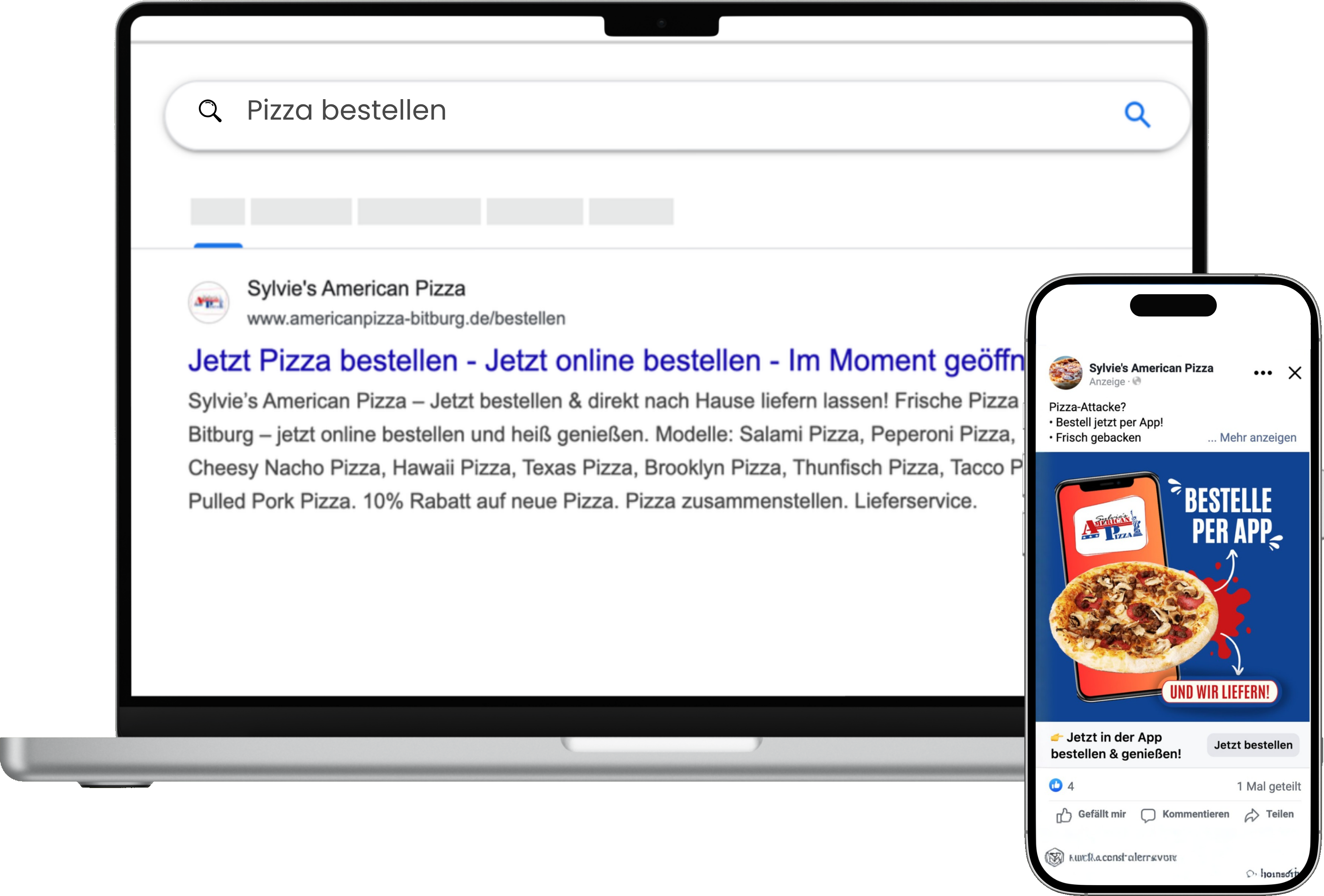 Google-Suchanzeige und Meta-Anzeige für ein Beispielunternehmen auf Laptop und Smartphone