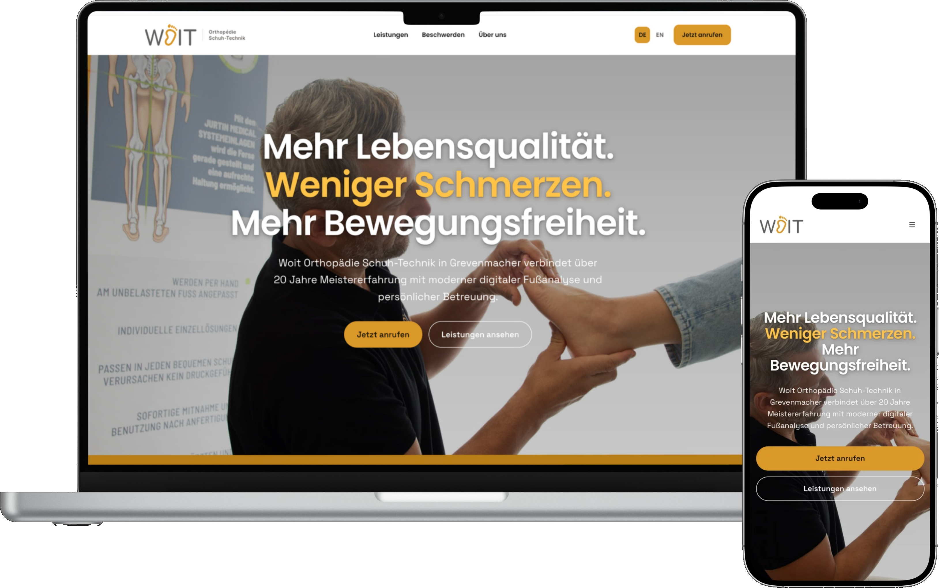 Laptop und Smartphone mit der von uns gestalteten Website von Woit Orthopädie Schuh-Technik