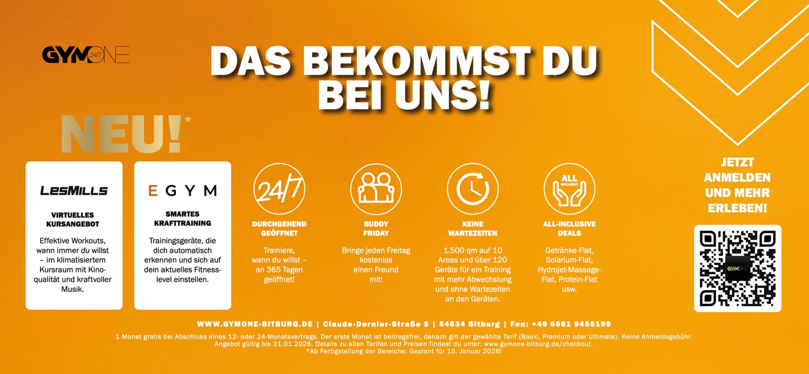 GymOne Januar-MaxiCard „1 Monat gratis trainieren“, Vorder- und Rückseite