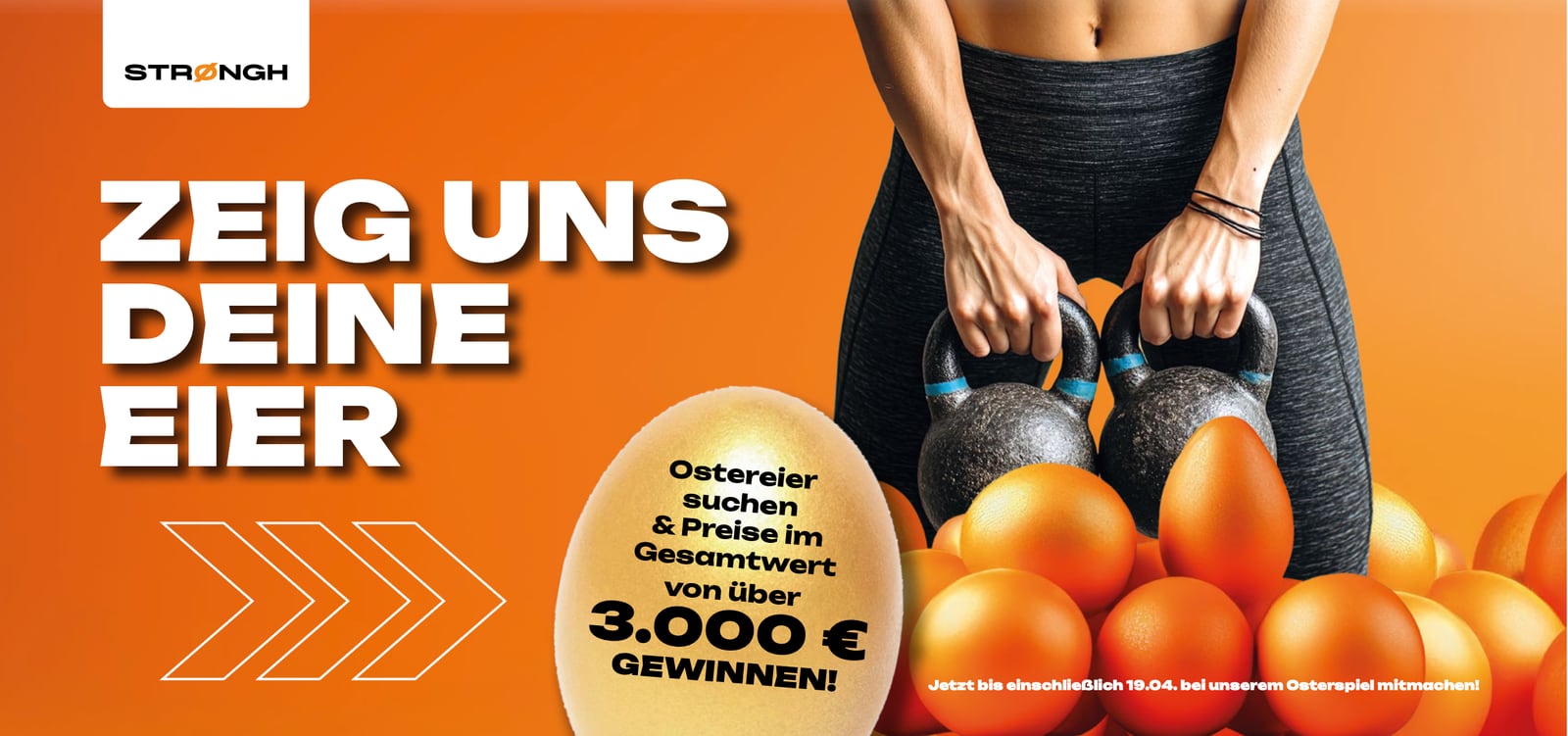 STRØNGH Oster-MaxiCard „Zeig uns deine Eier“, Vorder- und Rückseite