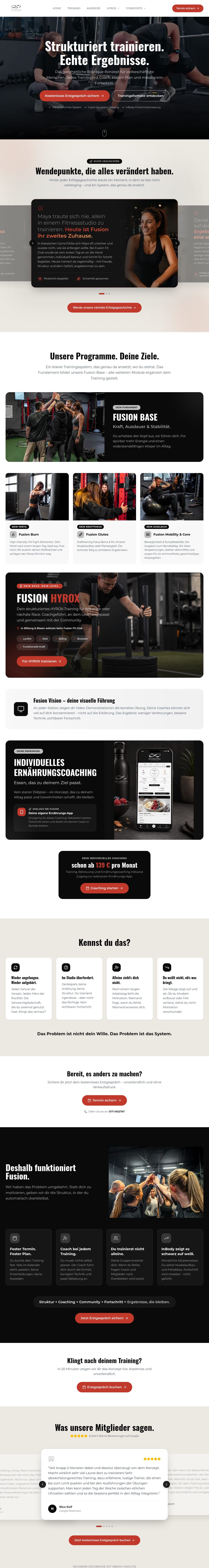 Startseite der Website des Fitnessstudios Fusion Fit Club