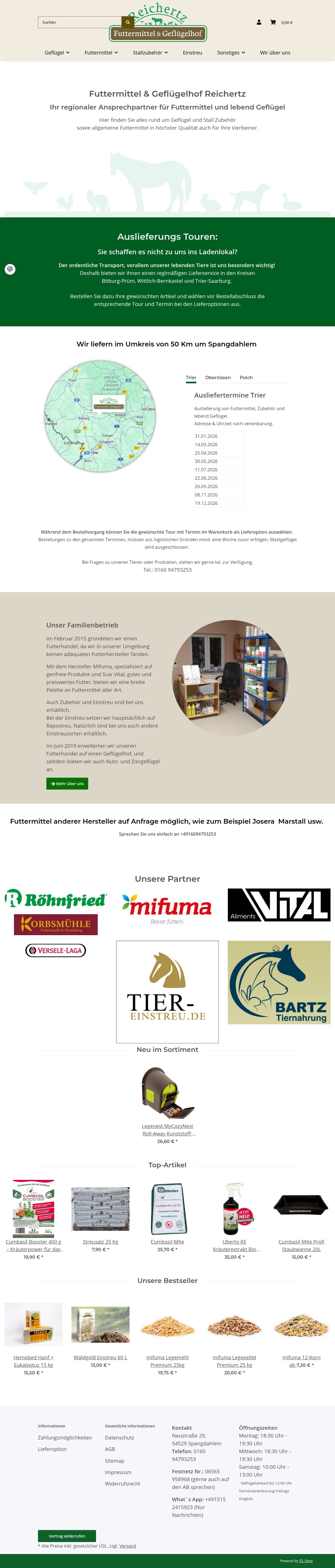 Startseite des Online-Shops von Geflügelhof Reichertz für Futtermittel